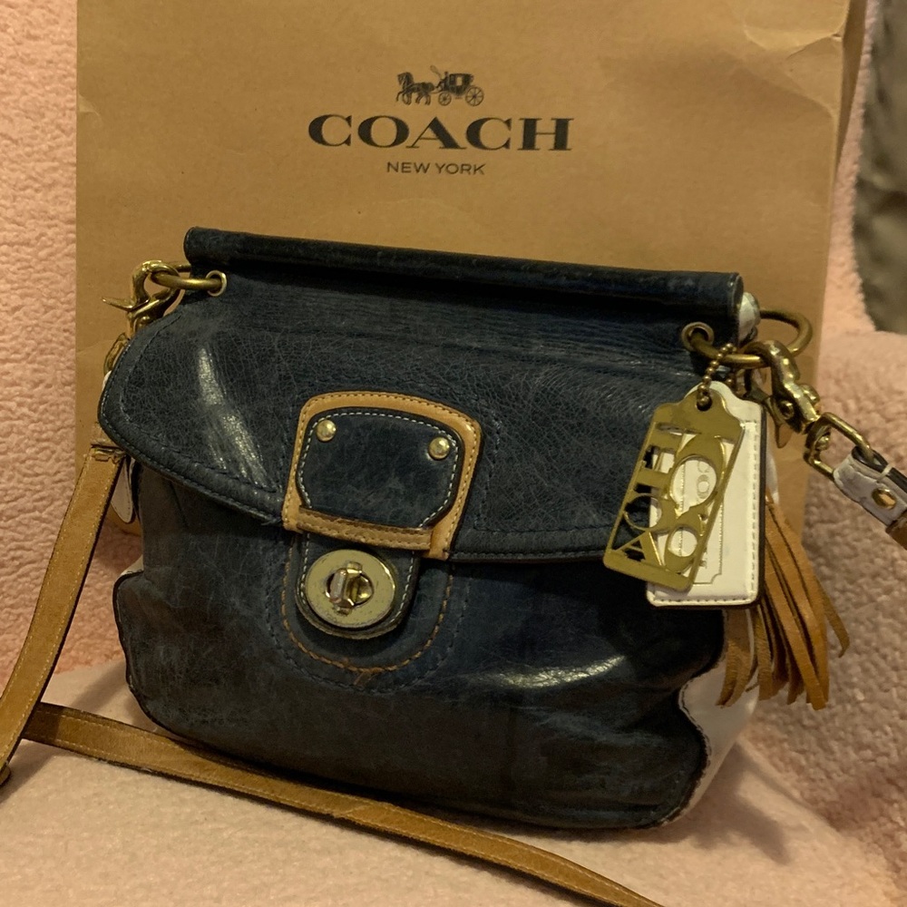 Coach Navy and Tan Leather Shoulder Bag with Tassel Charm